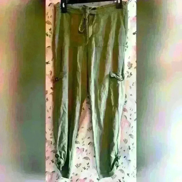 Cali 1850 Army Green Linen Blend Casual Comfy Neutral Boho Cargo Pants Size M - Picture 1 of 4